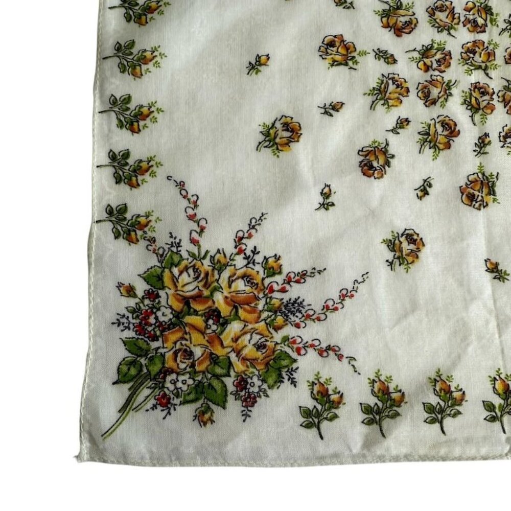 Vintage Womens Floral Handkerchief Yellow Roses  Delicate Green Accents Cotton B - Picture 7 of 10